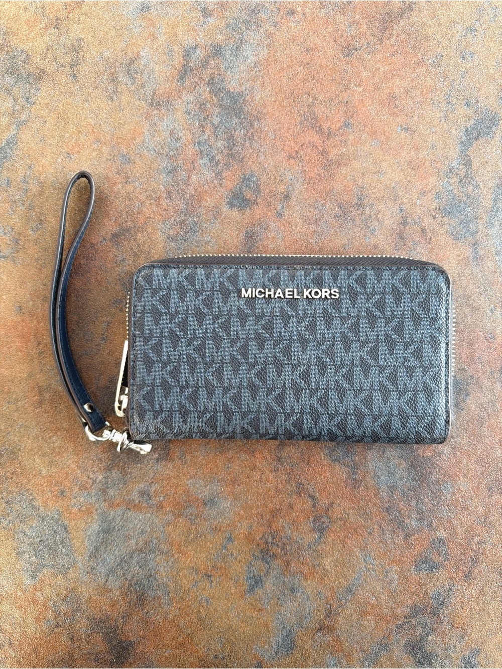 Michael Kors Navy Blue MK Logo Zip Wristlet Wallet